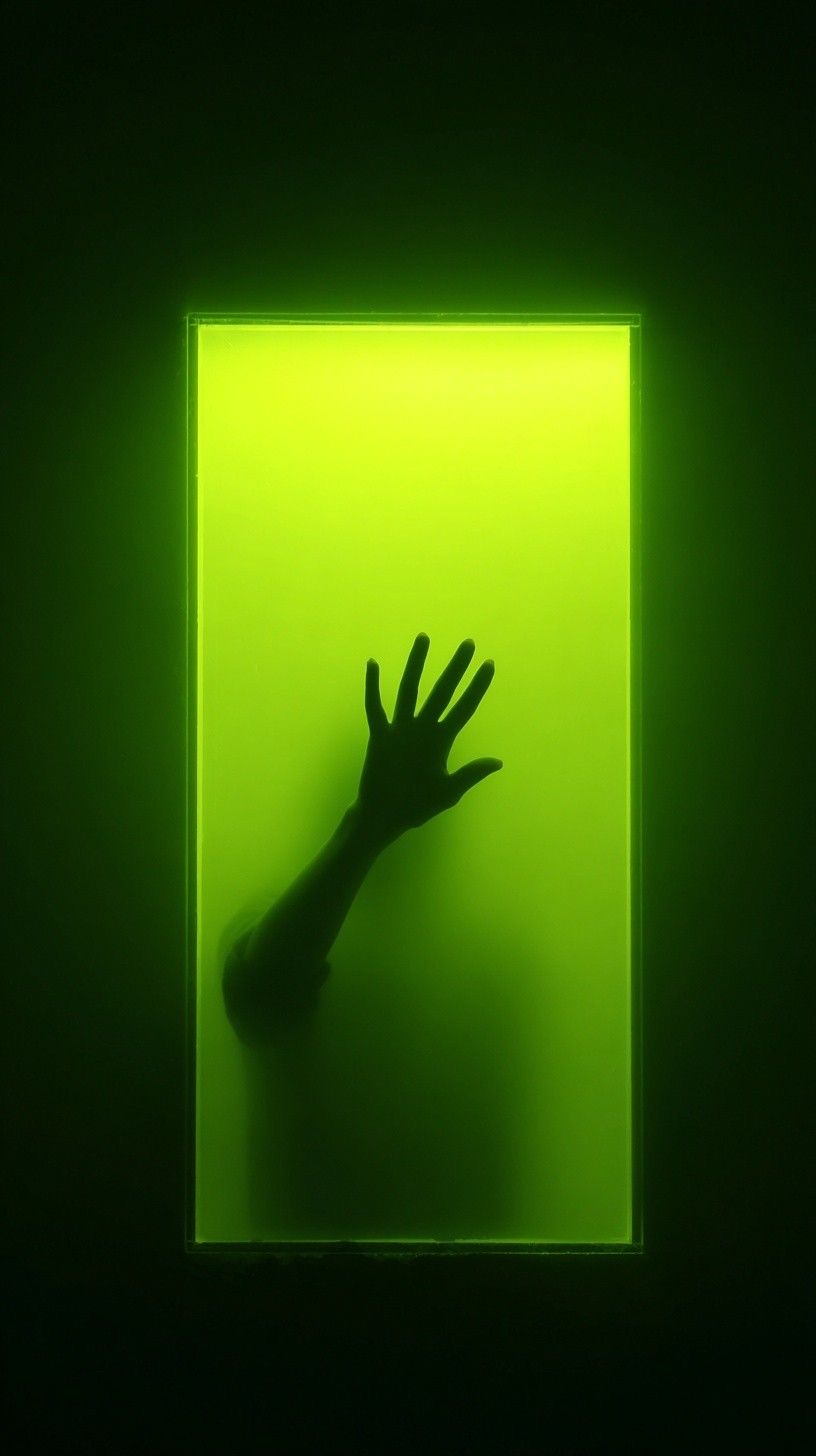 A hand pressed against a panel of lime light